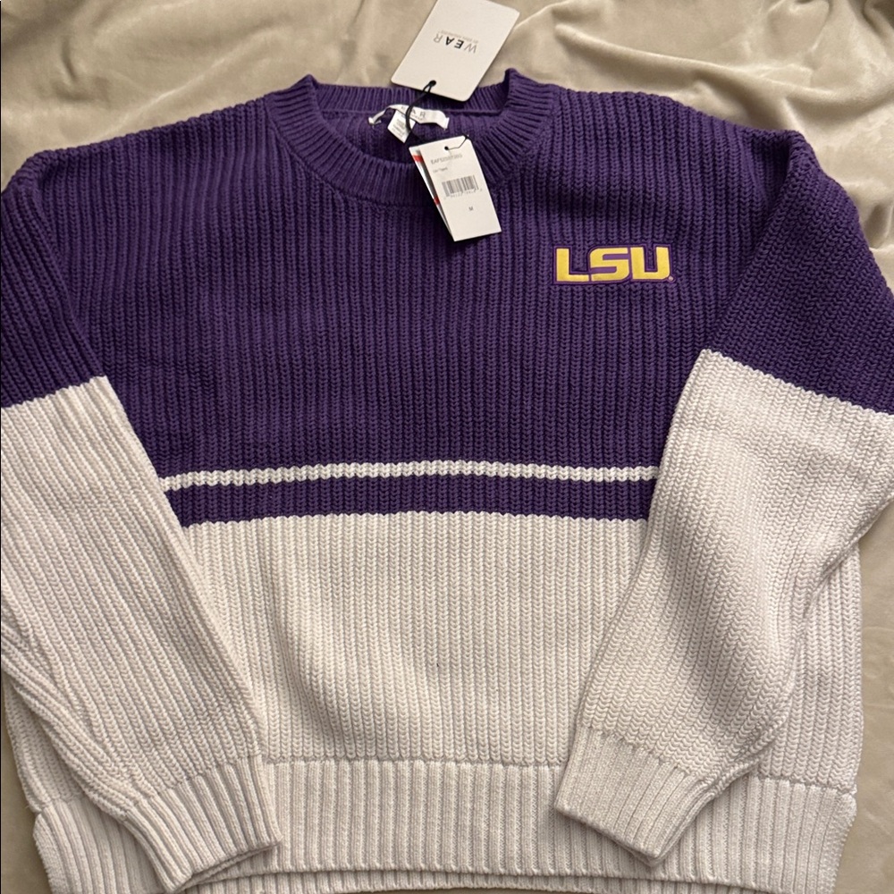 LSU Colorblock Crewneck Sweater - Purple and White